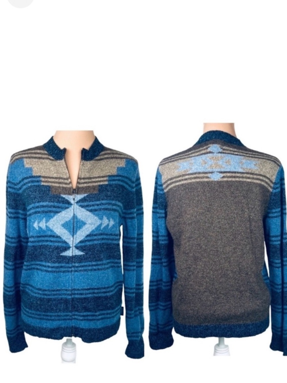 Woolrich Lambswool Blend Cardigan Sweater Size M Blue Zip Up Aztec Western VTG